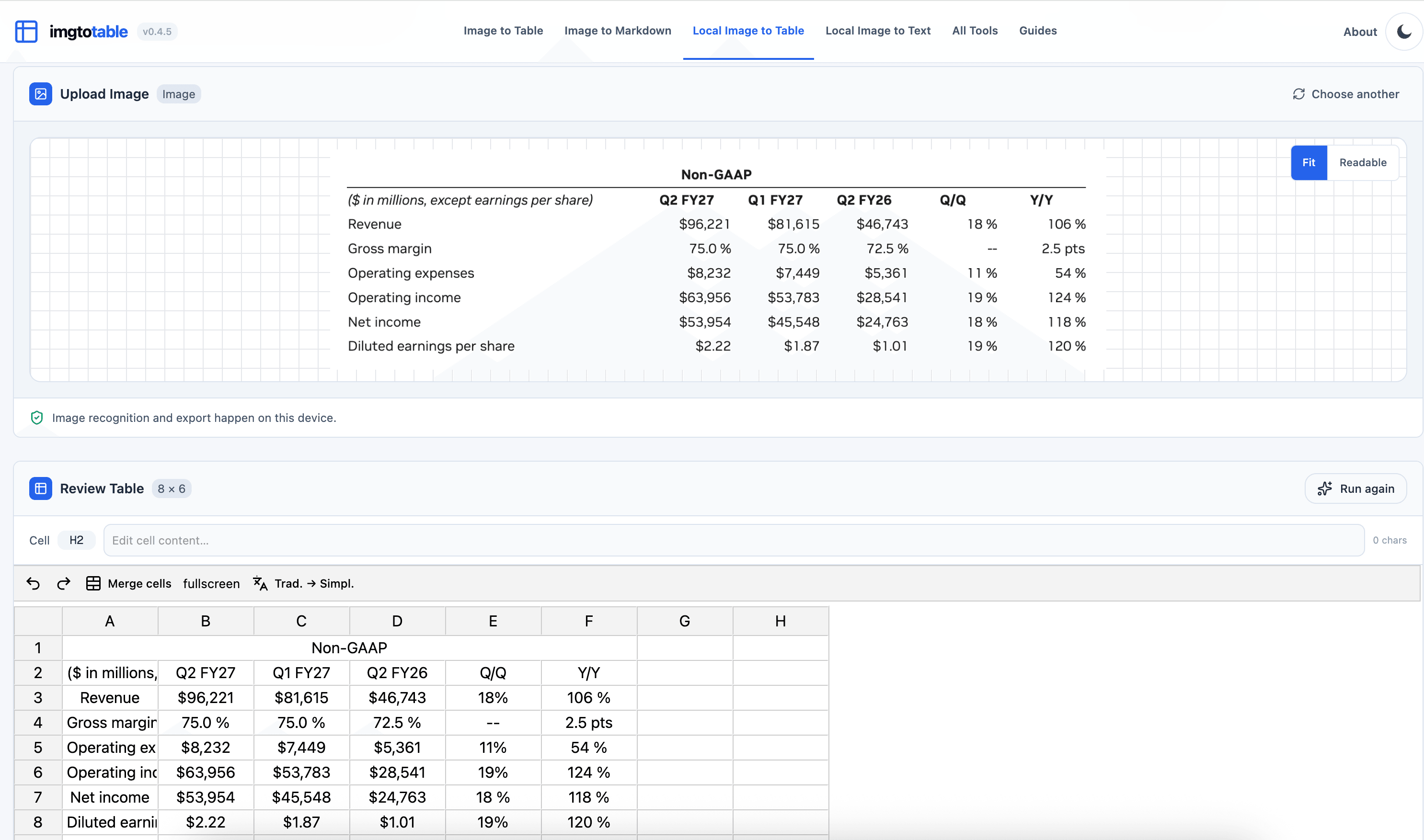 Local Image to Table result with the financial screenshot beside an editable grid