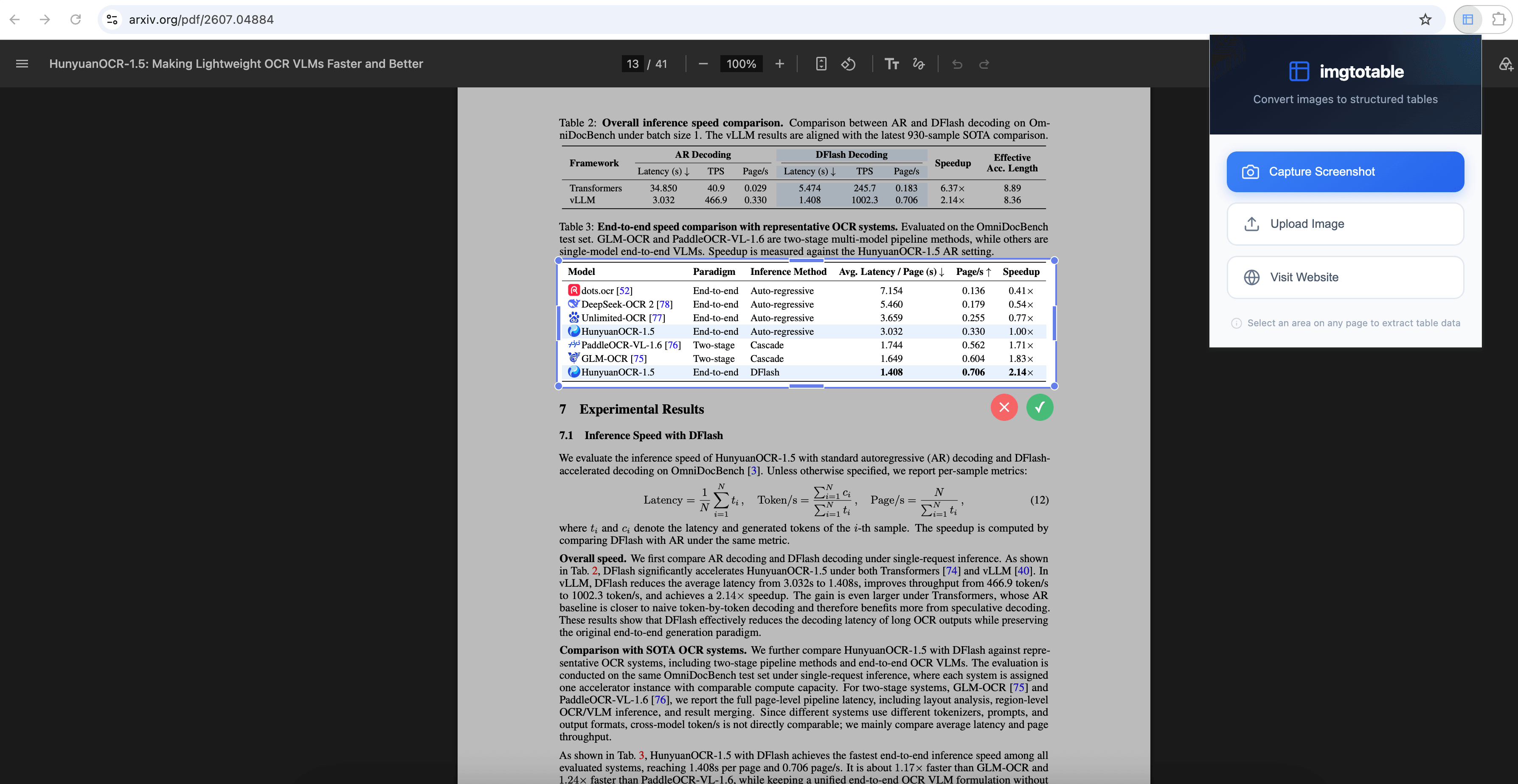 Using the imgtotable Chrome extension to select a speed comparison table in a research paper PDF