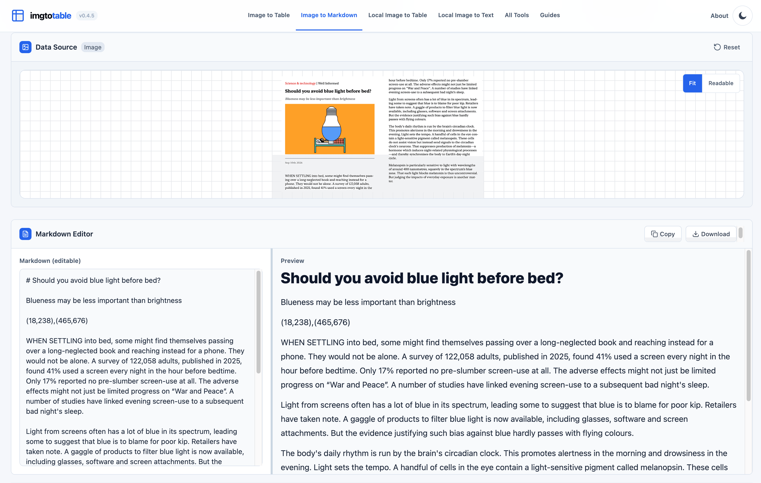 Image to Markdown result showing the two-column article converted into correctly ordered Markdown