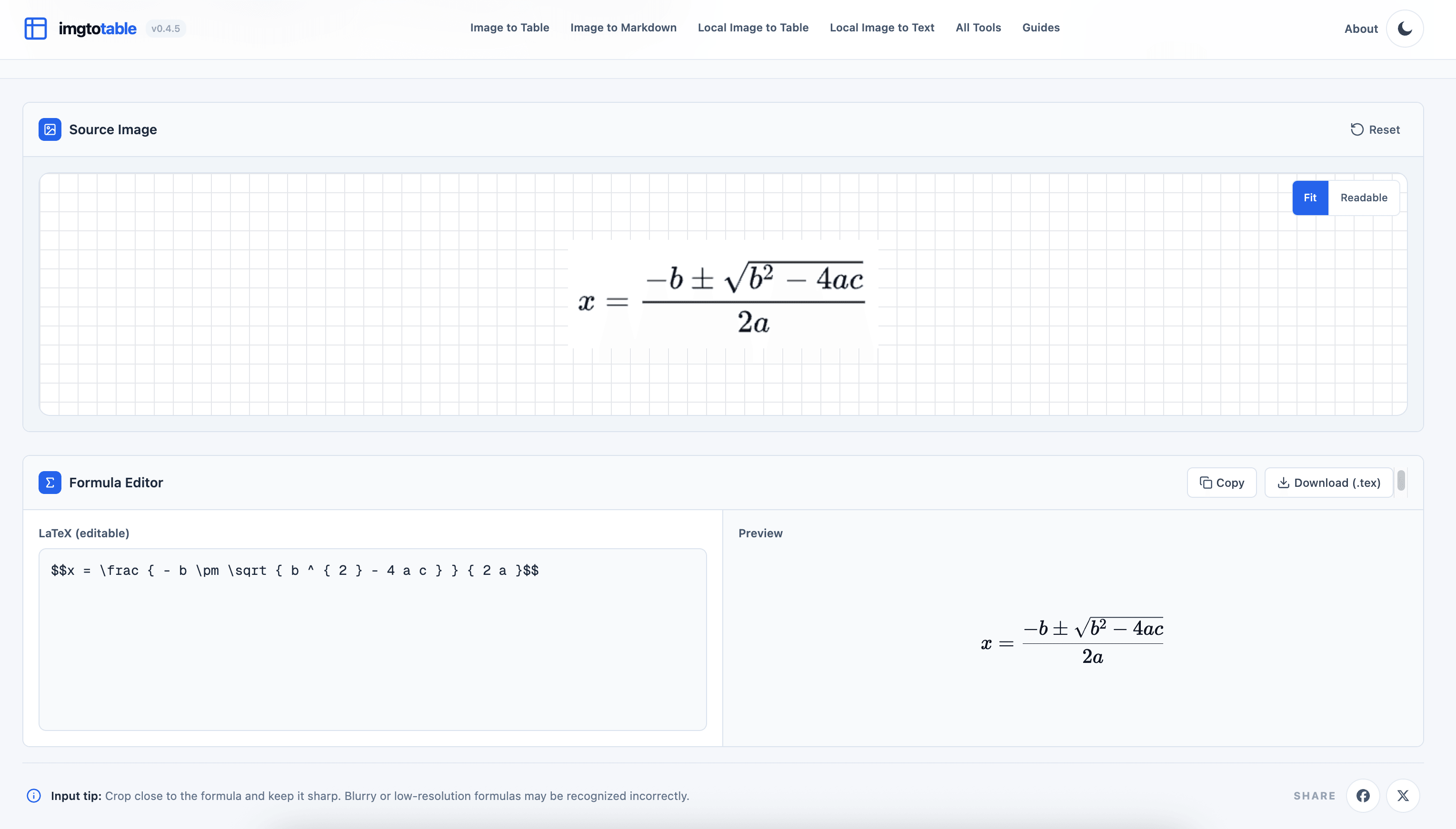 Recognized LaTeX and rendered equation in Image to Formula