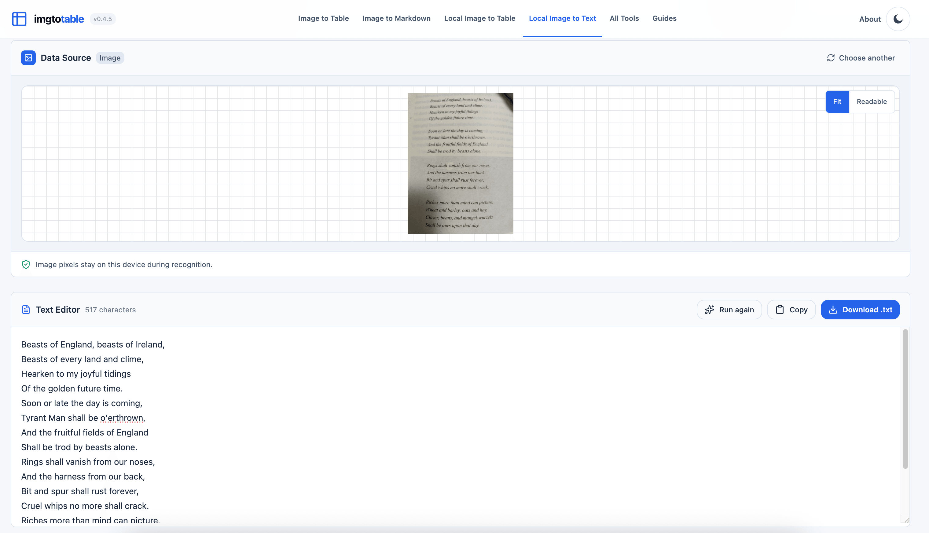 A book page beside its editable text result in Local Image to Text
